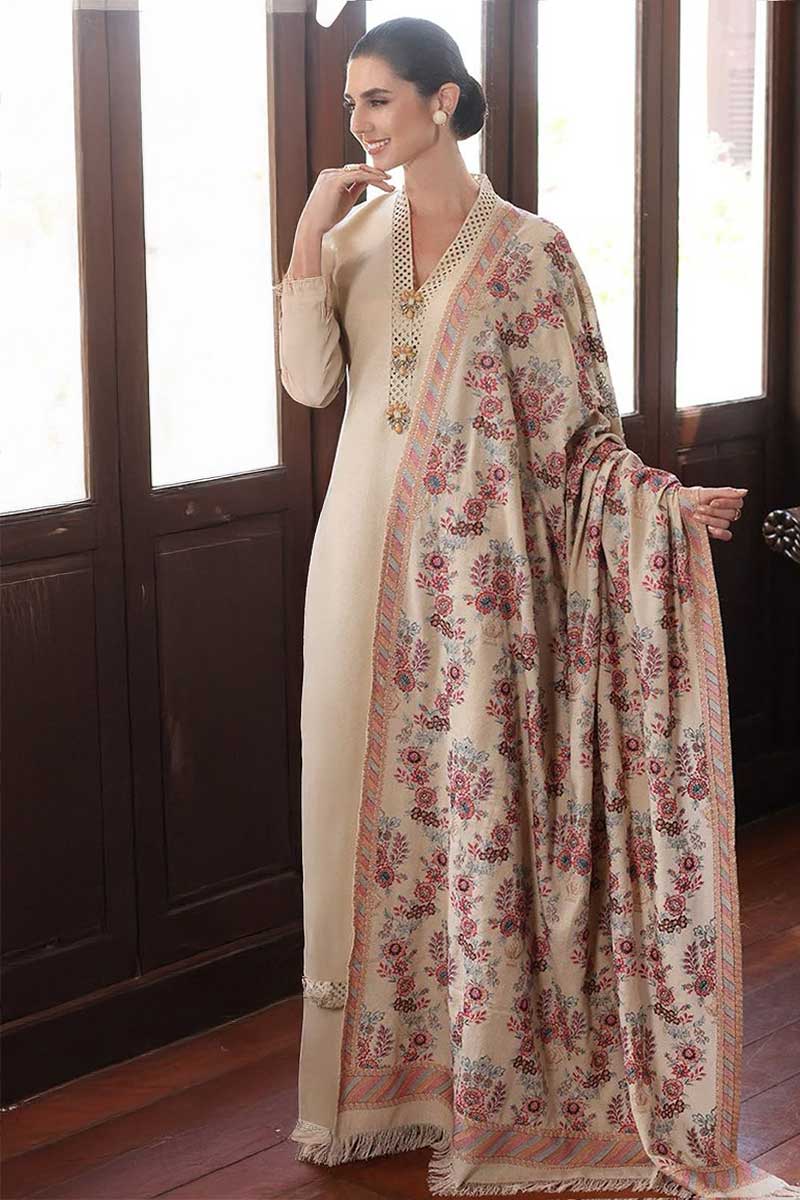 Embroidered Dhanak 3-Piece Suit with Embroidered Shawl - D-006