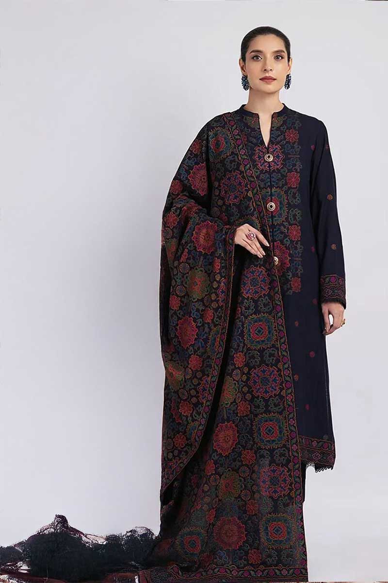 Embroidered Dhanak 3-Piece Suit with Embroidered Shawl - D-002