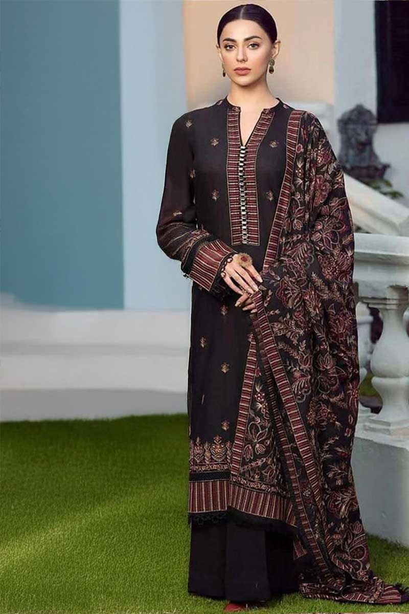 Embroidered Dhanak 3-Piece Suit with Embroidered Shawl - D-003