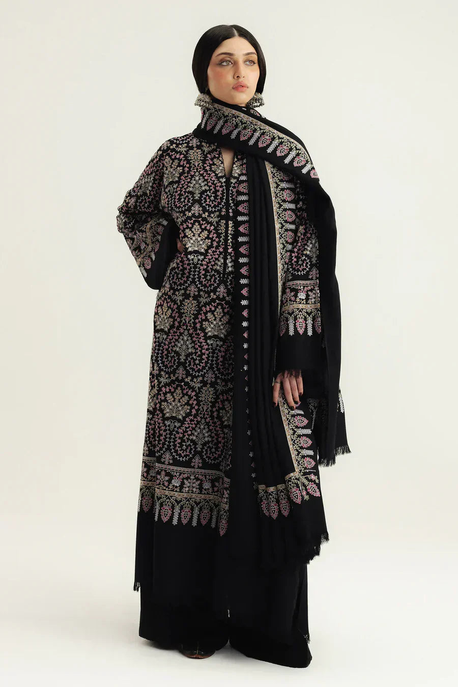Embroidered Dhanak 3-Piece Suit with Embroidered Shawl - D-073