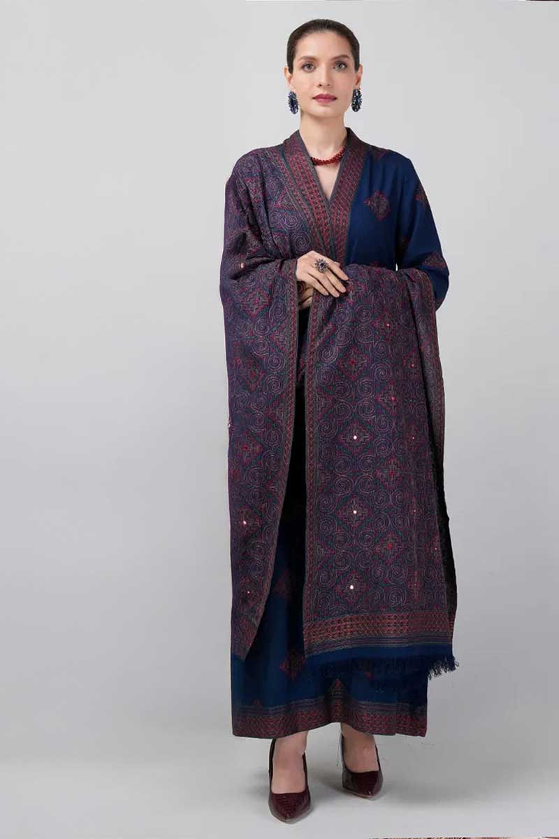 Embroidered Dhanak 3-Piece Suit with Embroidered Shawl - D-007