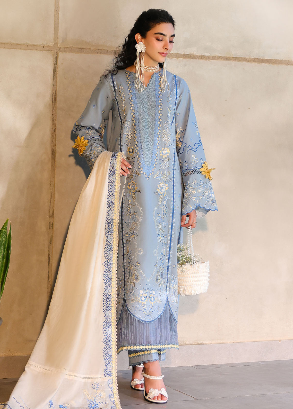 Embroidered Dhanak 3-Piece Suit with Embroidered Shawl - D-108