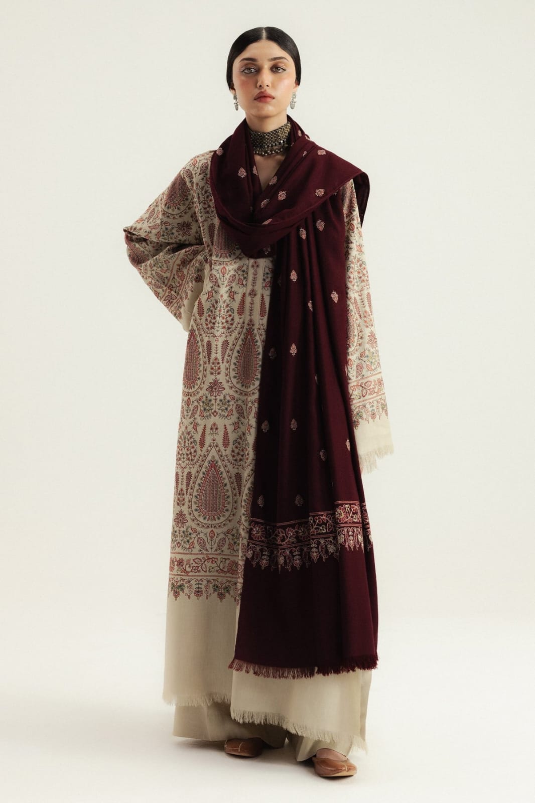 Embroidered Dhanak 3-Piece Suit with Embroidered Shawl - D-075