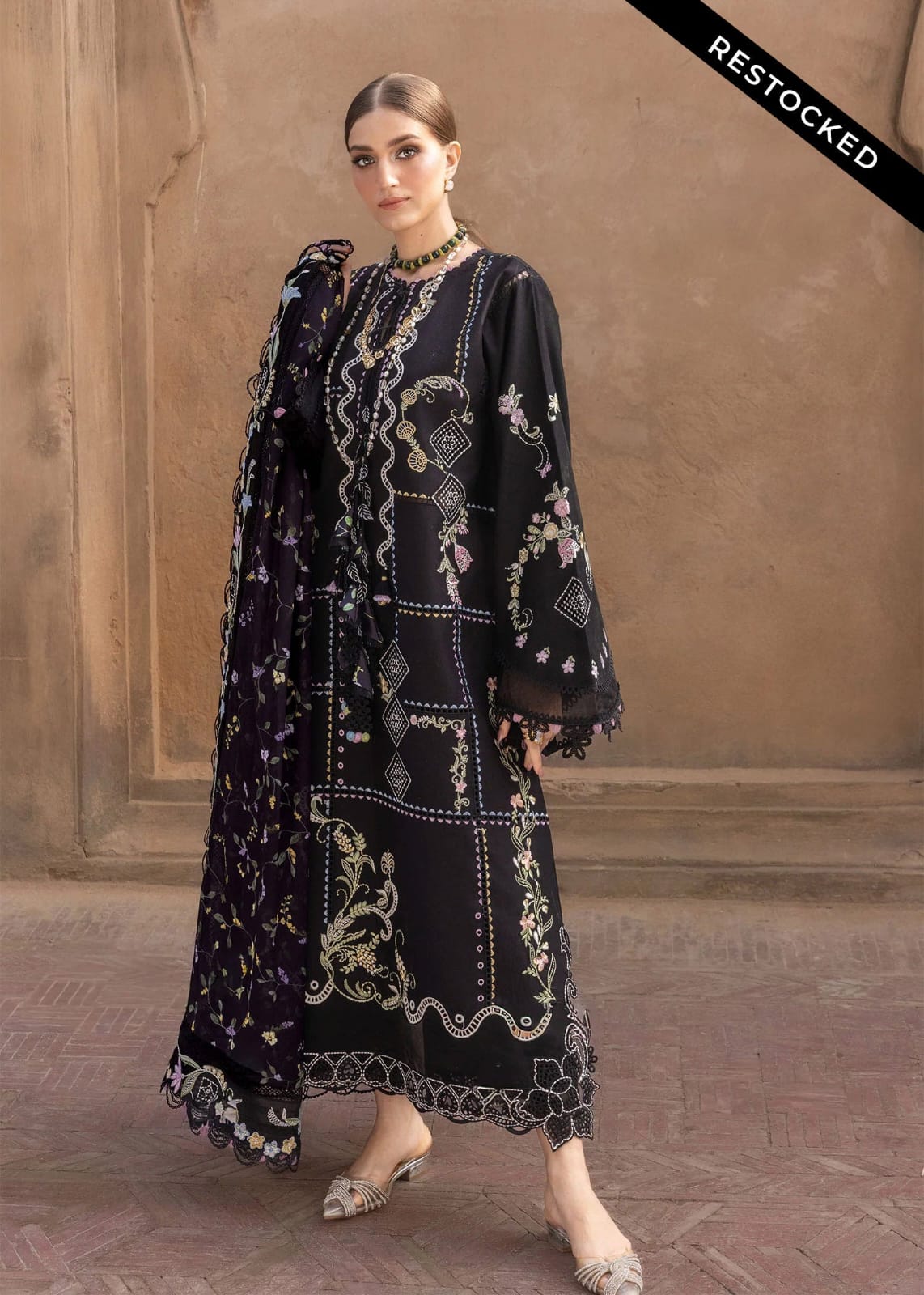 Embroidered Dhanak 3-Piece Suit with Embroidered Shawl - D-103