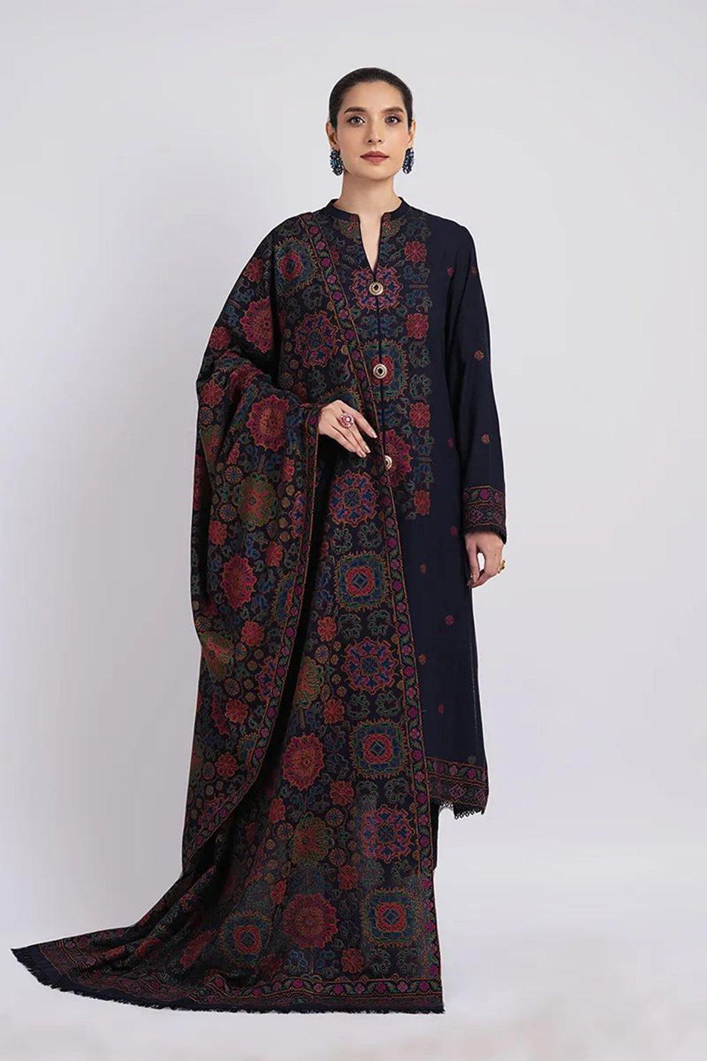 Embroidered Dhanak 3-Piece Suit with Embroidered Shawl - D-084