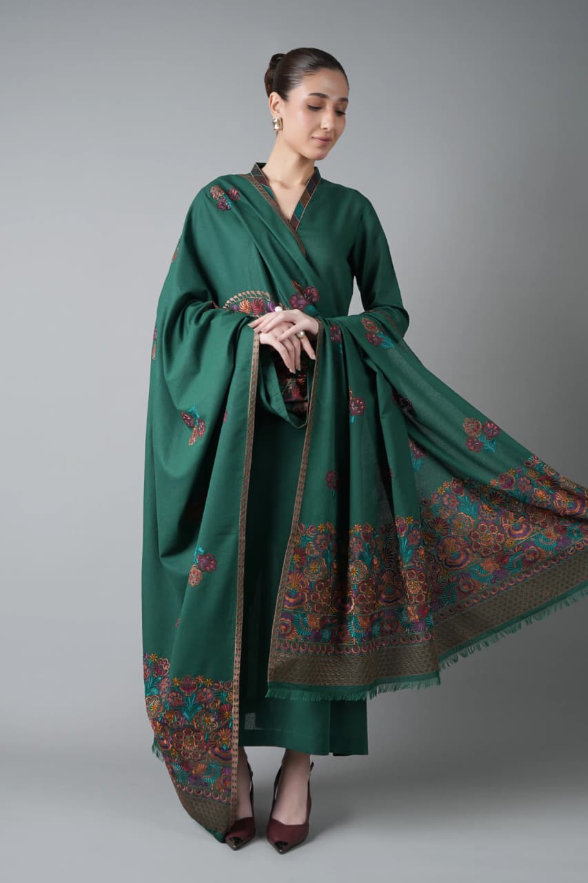 Embroidered Dhanak 3-Piece Suit with Embroidered Shawl - D-078