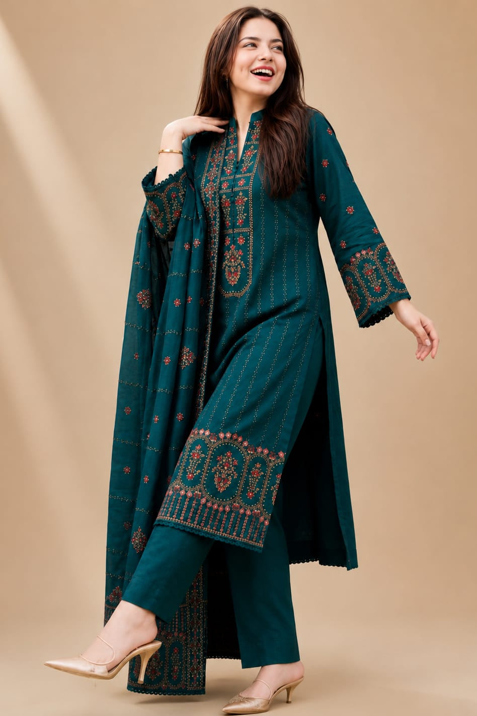Embroidered Dhanak 3-Piece Suit with Embroidered Shawl - D-111