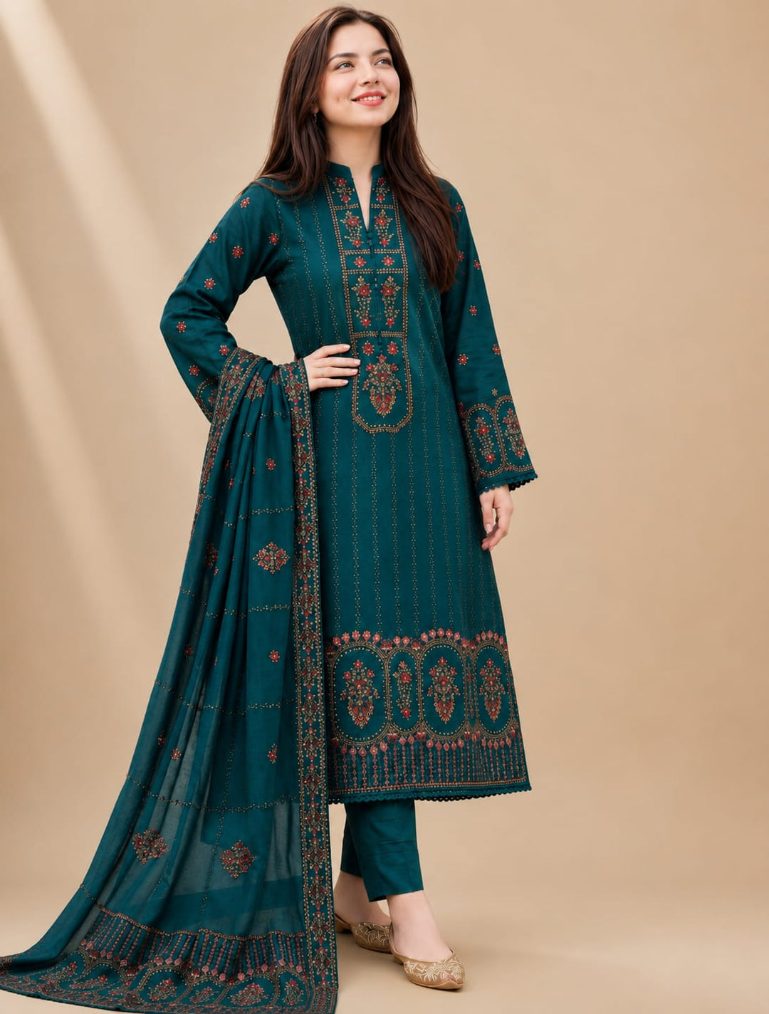 Embroidered Dhanak 3-Piece Suit with Embroidered Shawl - D-111