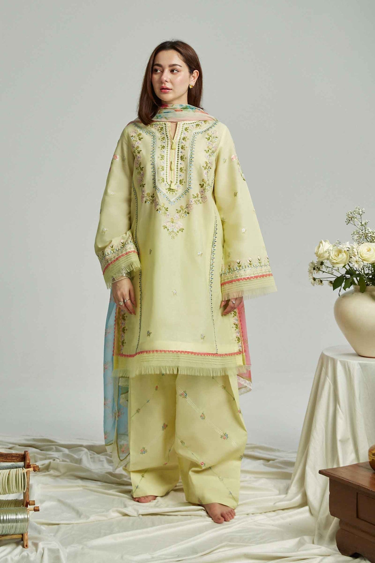 Embroidered Dhanak 3-Piece Suit with Embroidered Shawl - D-113