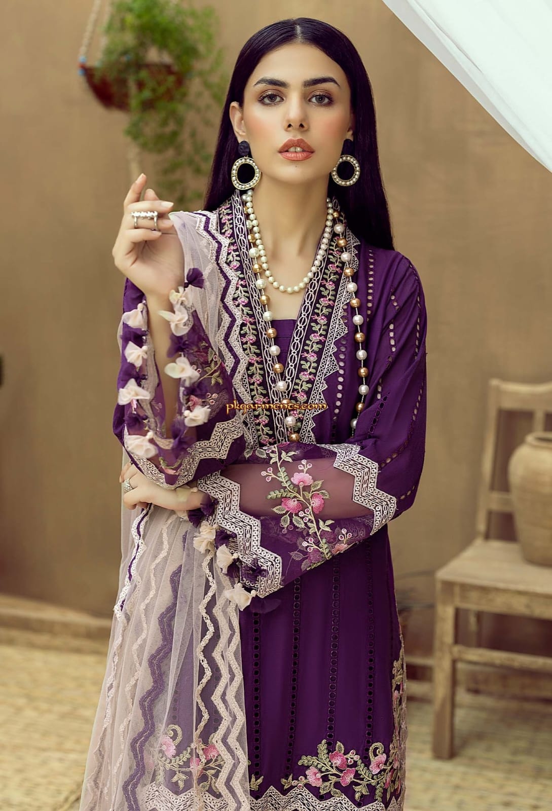 Embroidered Dhanak 3-Piece Suit with Embroidered Shawl - D-101