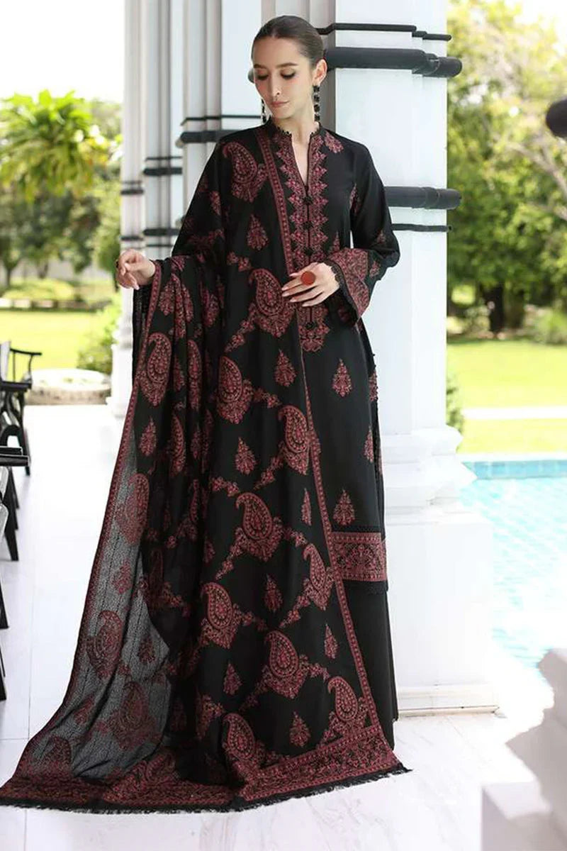 Embroidered Dhanak 3-Piece Suit with Embroidered Shawl - D-011