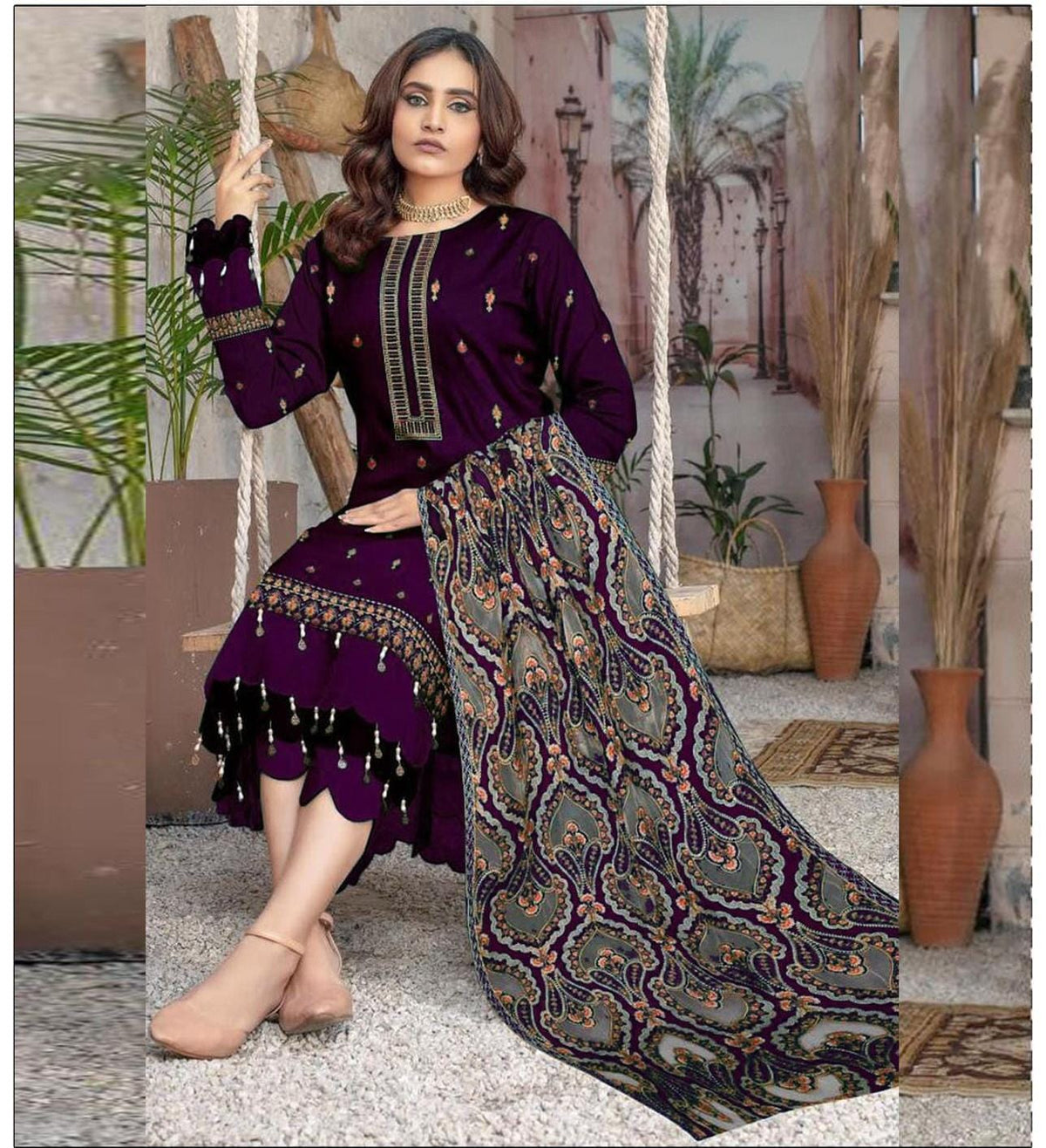 Embroidered Dhanak 3-Piece Suit with Embroidered Net Shawl - D-024