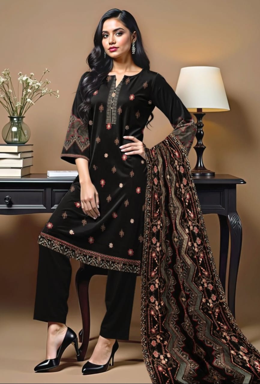 Embroidered Dhanak 3-Piece Suit with Embroidered Net Shawl - D-033