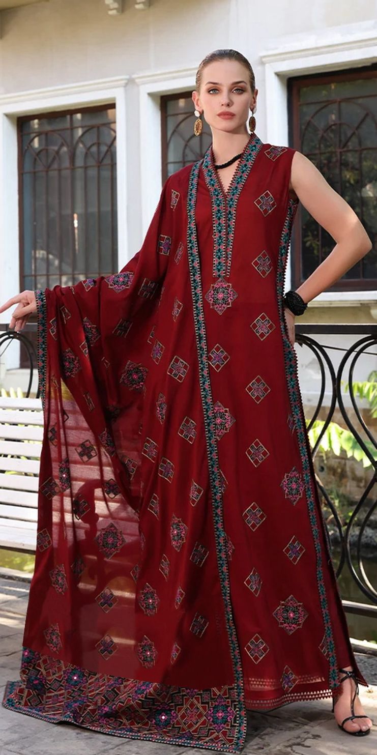 Embroidered Dhanak 3-Piece Suit with Embroidered Shawl - D-048