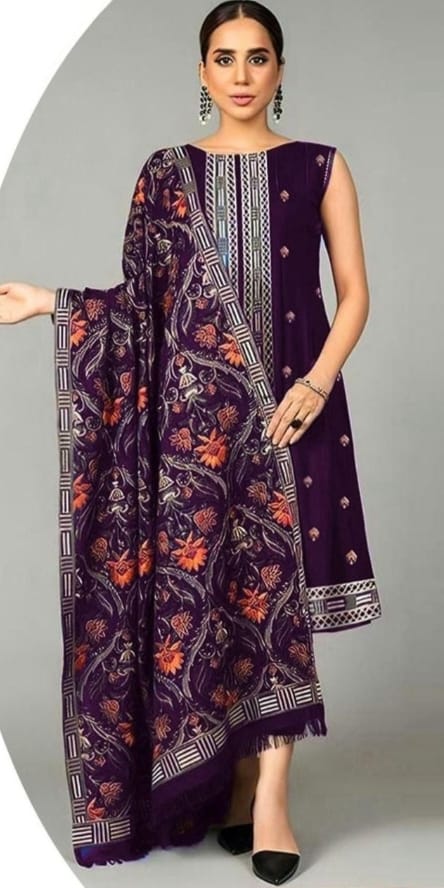 Embroidered Dhanak 3-Piece Suit with Embroidered Shawl - D-055