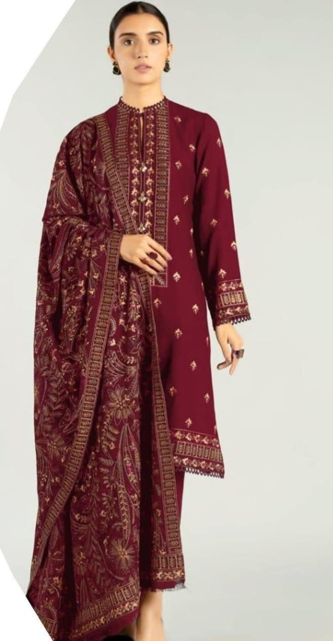 Embroidered Dhanak 3-Piece Suit with Embroidered Shawl - D-056
