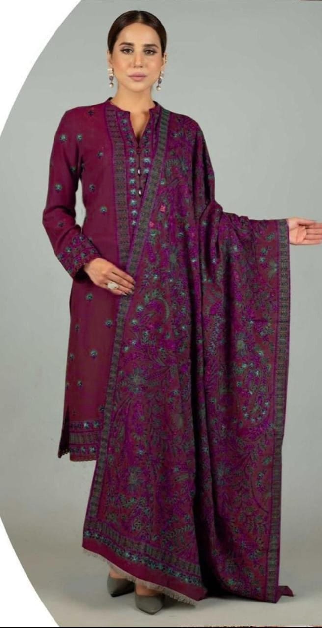 Embroidered Dhanak 3-Piece Suit with Embroidered Shawl - D-051