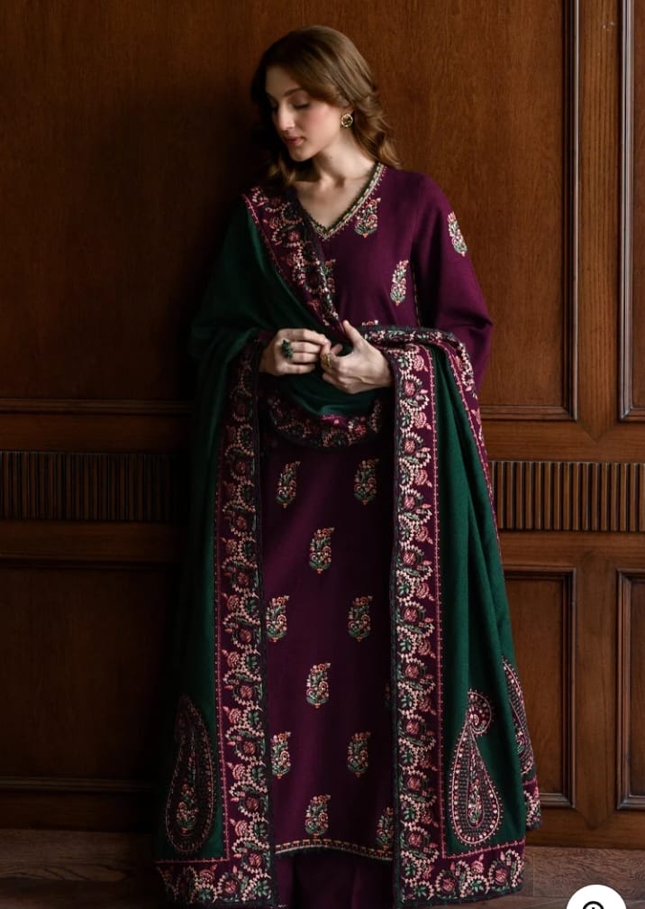 Embroidered Dhanak 3-Piece Suit with Embroidered Shawl - D-76