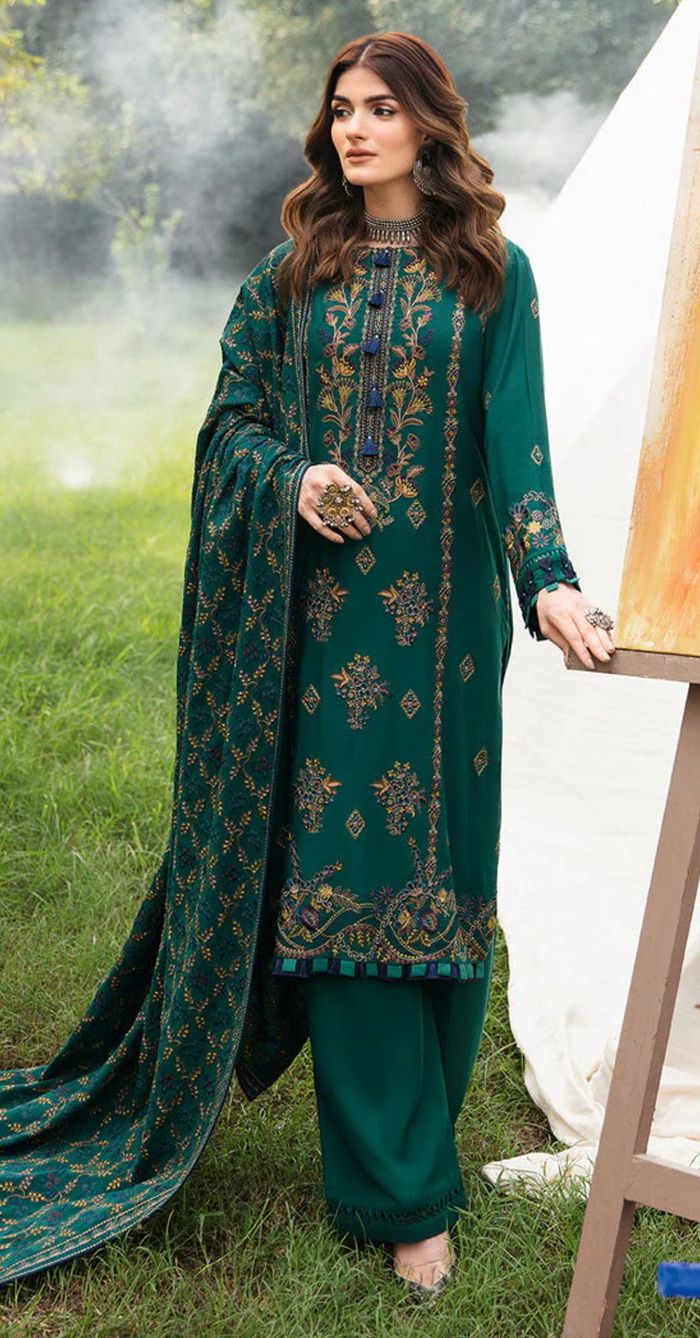 Embroidered Dhanak 3-Piece Suit with Embroidered Shawl - D-062