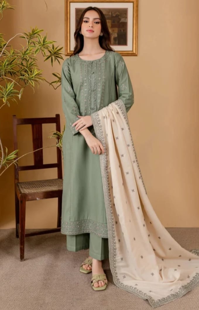 Embroidered Dhanak 3-Piece Suit with Embroidered Shawl - D-061