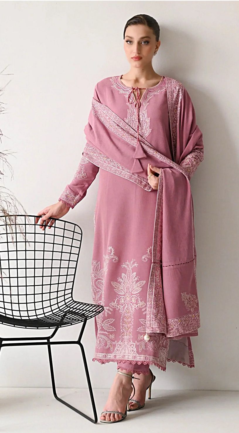 Embroidered Dhanak 3-Piece Suit with Embroidered Shawl - D-060
