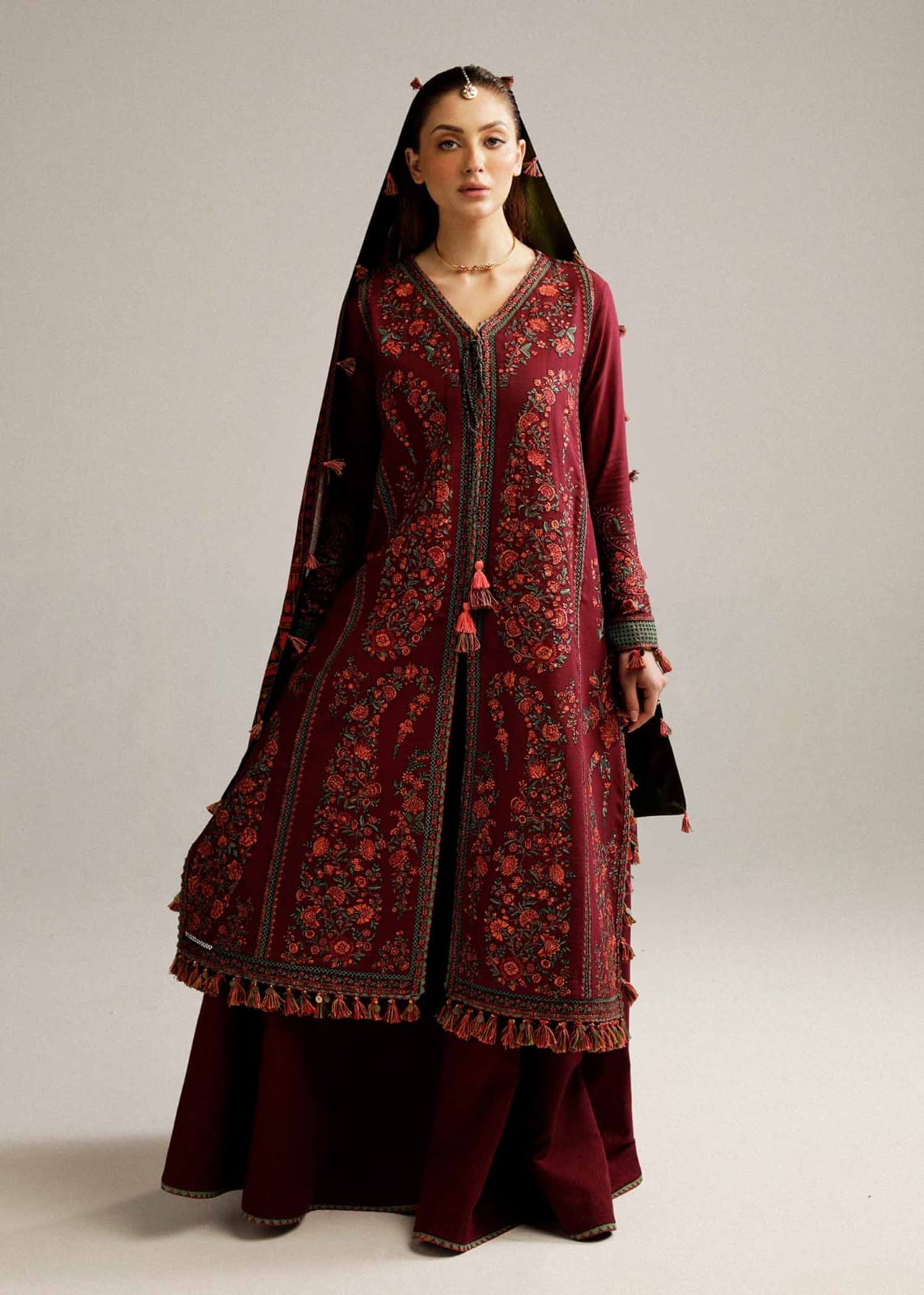 Embroidered Dhanak 3-Piece Suit with Embroidered Shawl - BL-053
