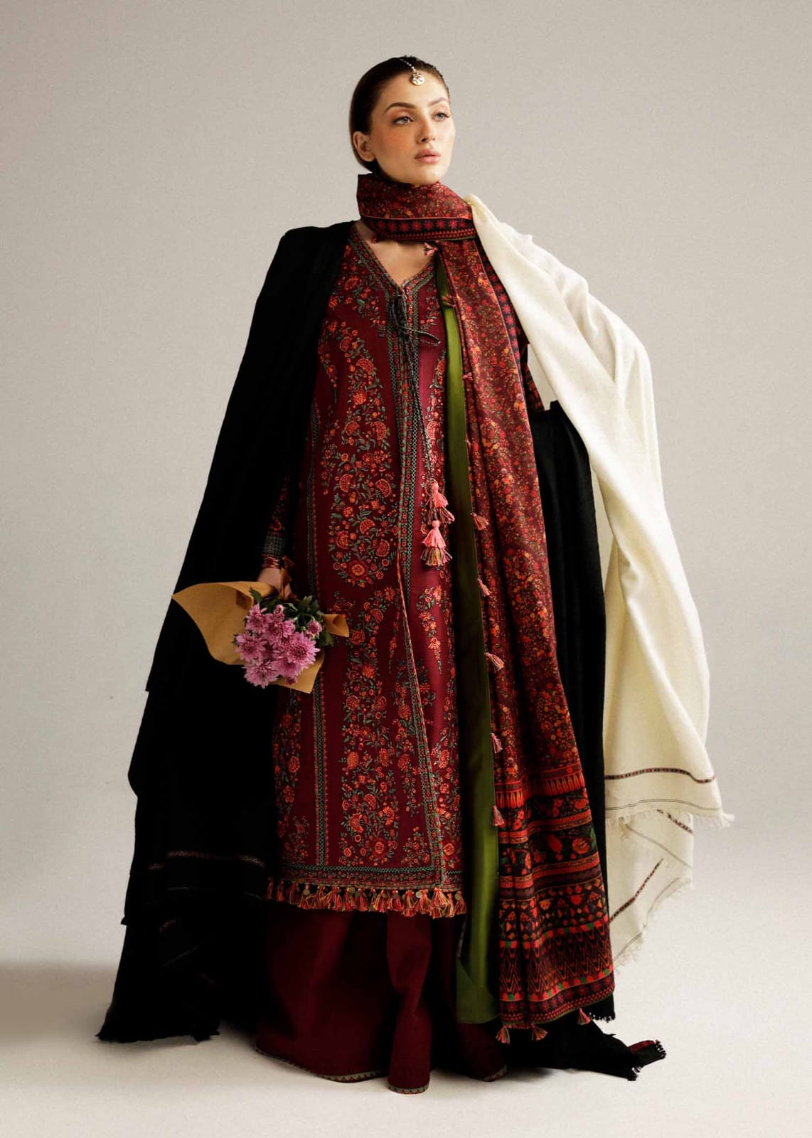 Embroidered Dhanak 3-Piece Suit with Embroidered Shawl - BL-053