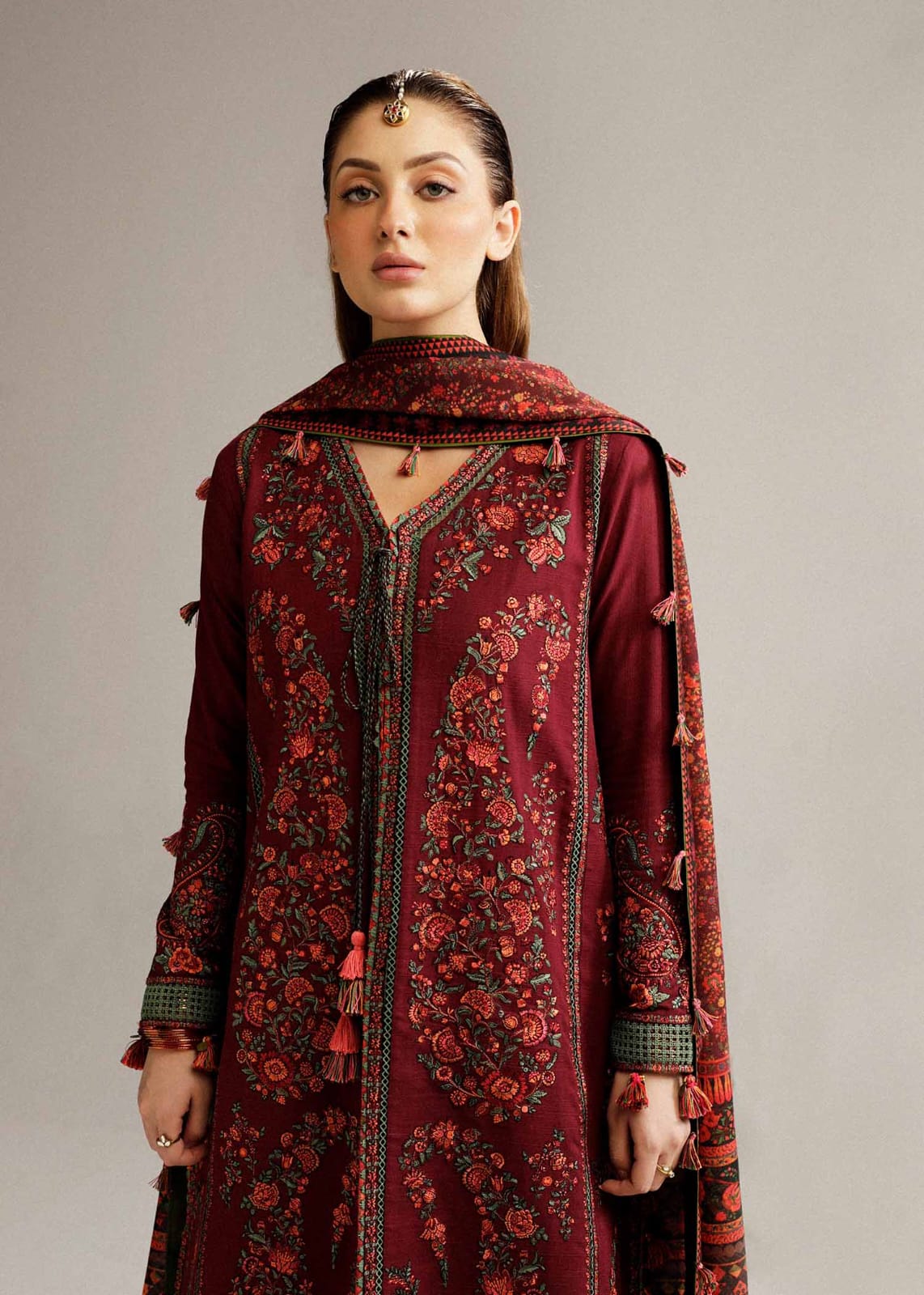 Embroidered Dhanak 3-Piece Suit with Embroidered Shawl - BL-053
