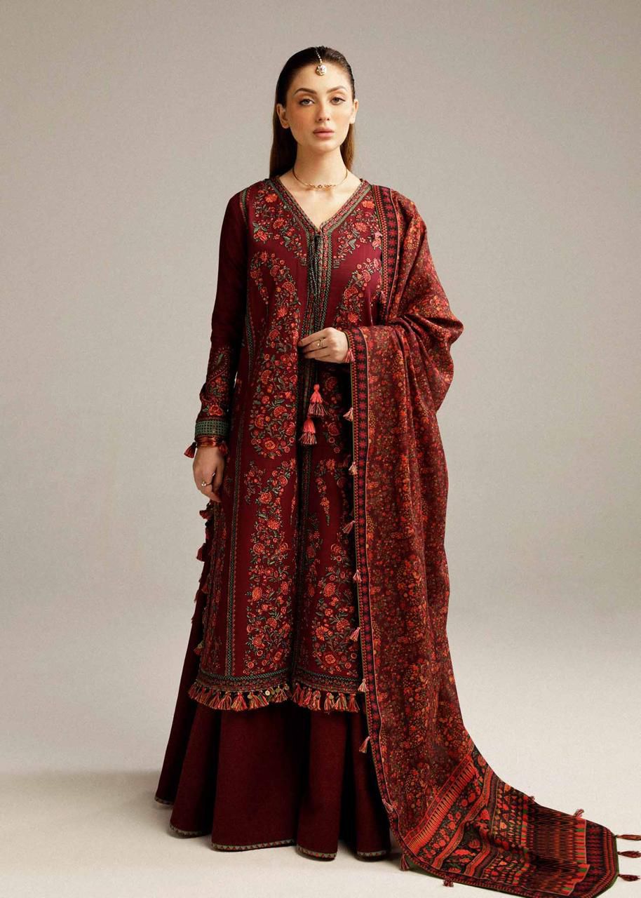 Embroidered Dhanak 3-Piece Suit with Embroidered Shawl - BL-053