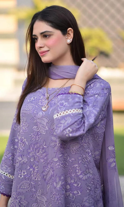Embroidered Dhanak 3-Piece Suit with Embroidered Shawl - BL-071