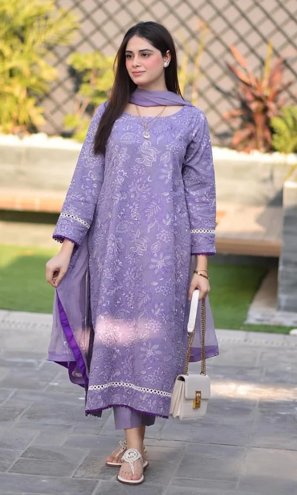 Embroidered Dhanak 3-Piece Suit with Embroidered Shawl - BL-071