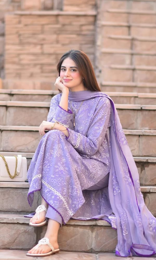 Embroidered Dhanak 3-Piece Suit with Embroidered Shawl - BL-071