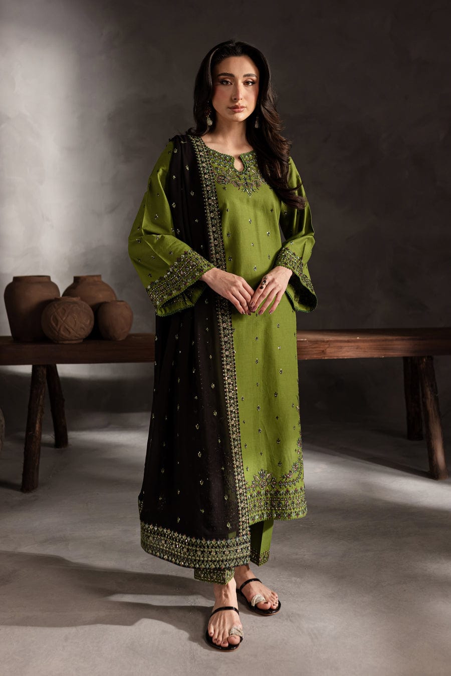 Embroidered Dhanak 3-Piece Suit with Embroidered Shawl - BL-082