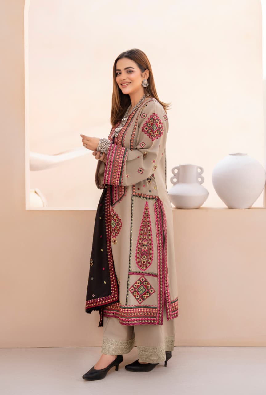 Embroidered Dhanak 3-Piece Suit with Embroidered Shawl - BL-089