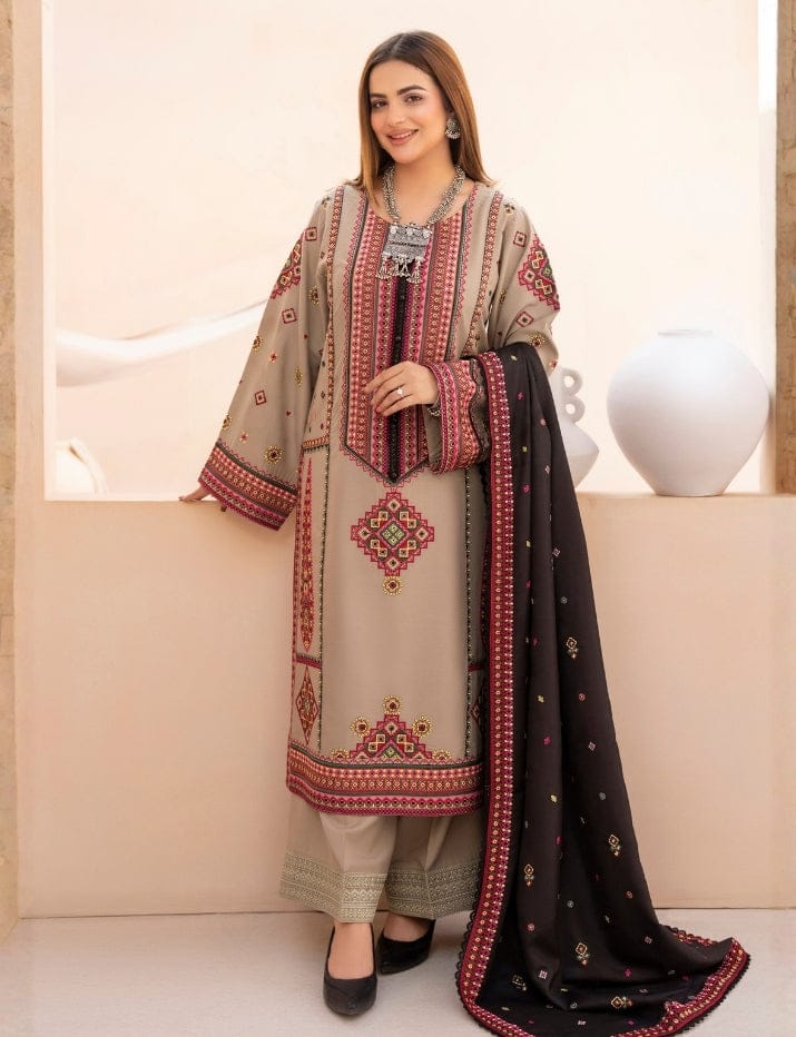 Embroidered Dhanak 3-Piece Suit with Embroidered Shawl - BL-089