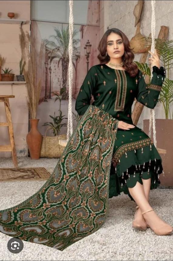 Embroidered Dhanak 3-Piece Suit with Embroidered Net Shawl - D-023
