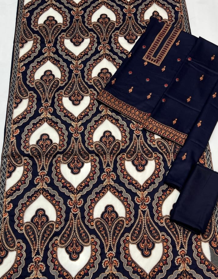 Embroidered Dhanak 3-Piece Suit with Embroidered Net Shawl - D-025