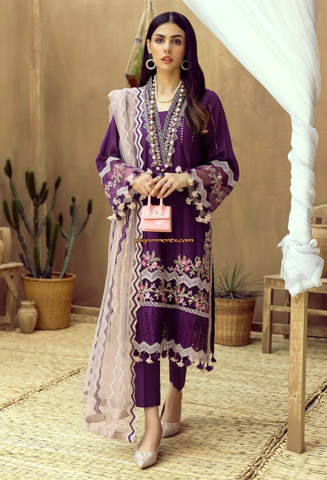 Embroidered Dhanak 3-Piece Suit with Embroidered Shawl - D-101