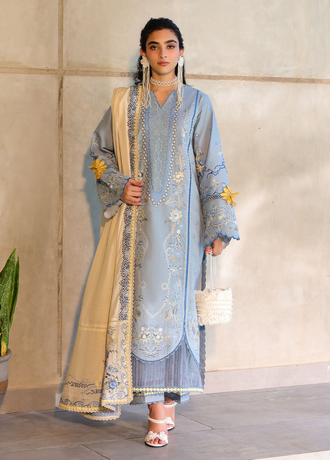 Embroidered Dhanak 3-Piece Suit with Embroidered Shawl - D-108