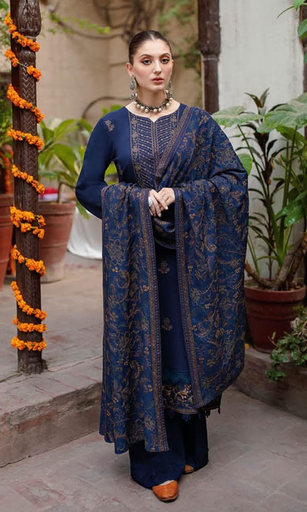 Embroidered Dhanak 3-Piece Suit with Embroidered Shawl - D-083
