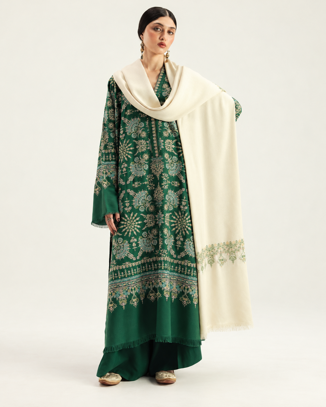 Emerald Green Embroidered Dhanak 3-Piece Suit with Shawl - AL-856