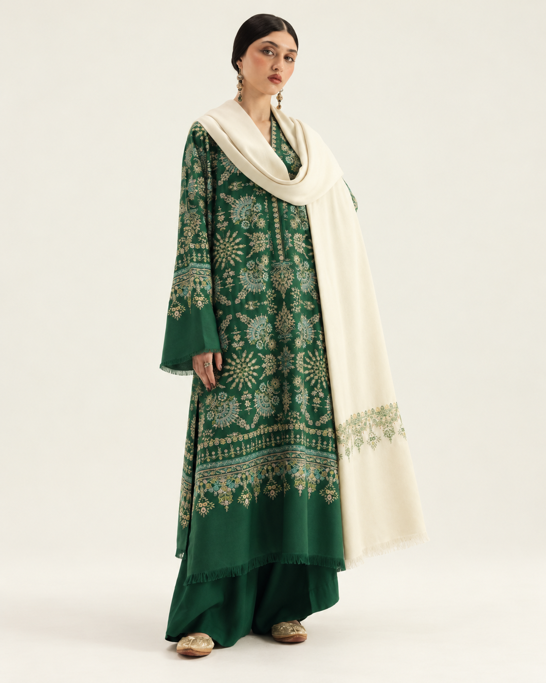 Emerald Green Embroidered Dhanak 3-Piece Suit with Shawl - AL-856