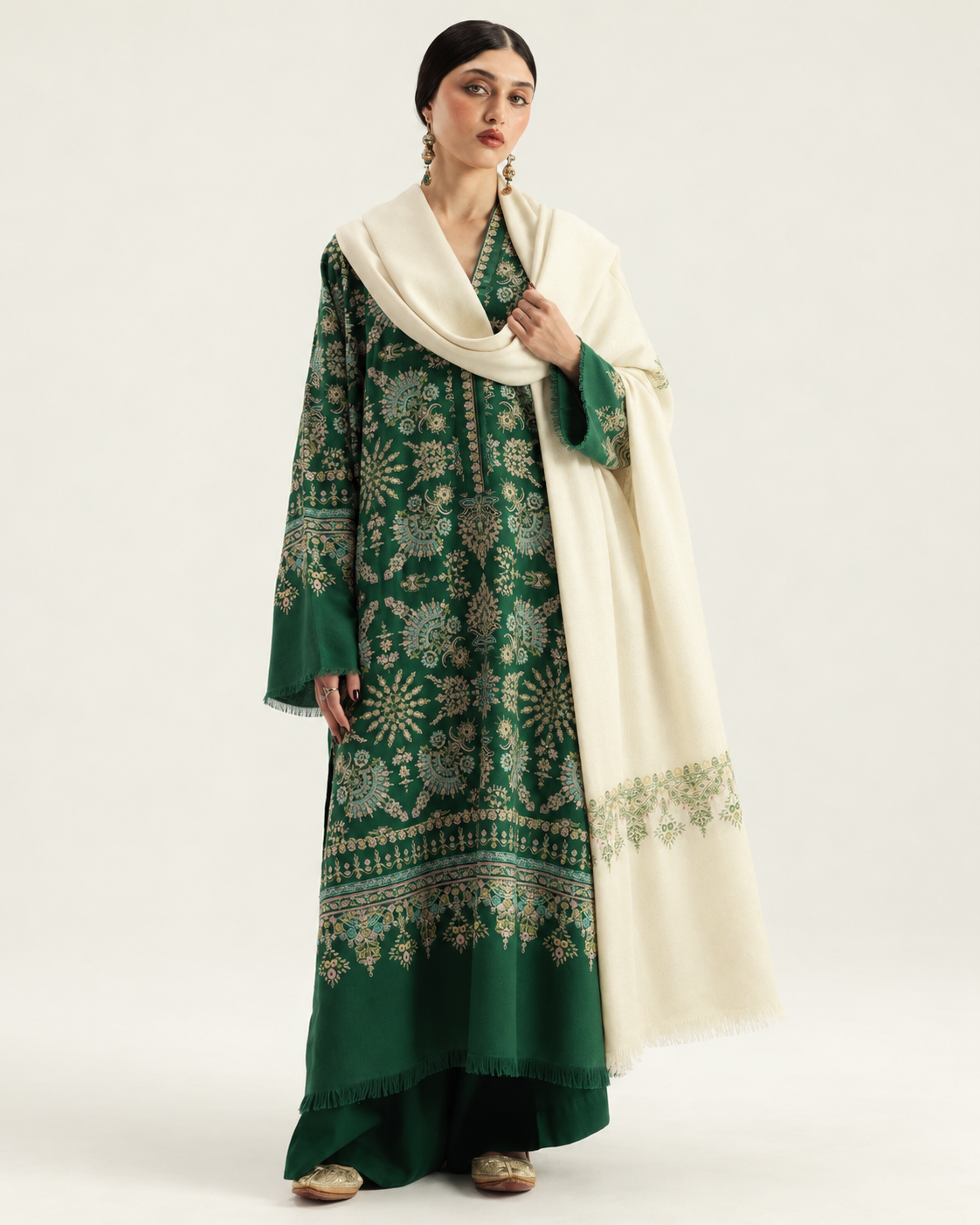Emerald Green Embroidered Dhanak 3-Piece Suit with Shawl - AL-856