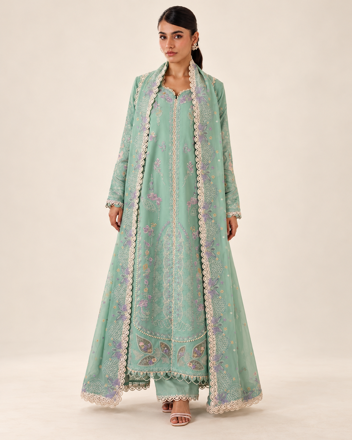 Mint Green Embroidered Dhanak 3-Piece Suit with Shawl - AL-836