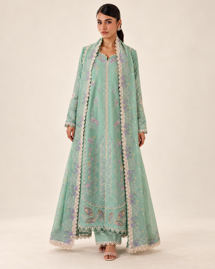 Mint Green Embroidered Dhanak 3-Piece Suit with Shawl - AL-836