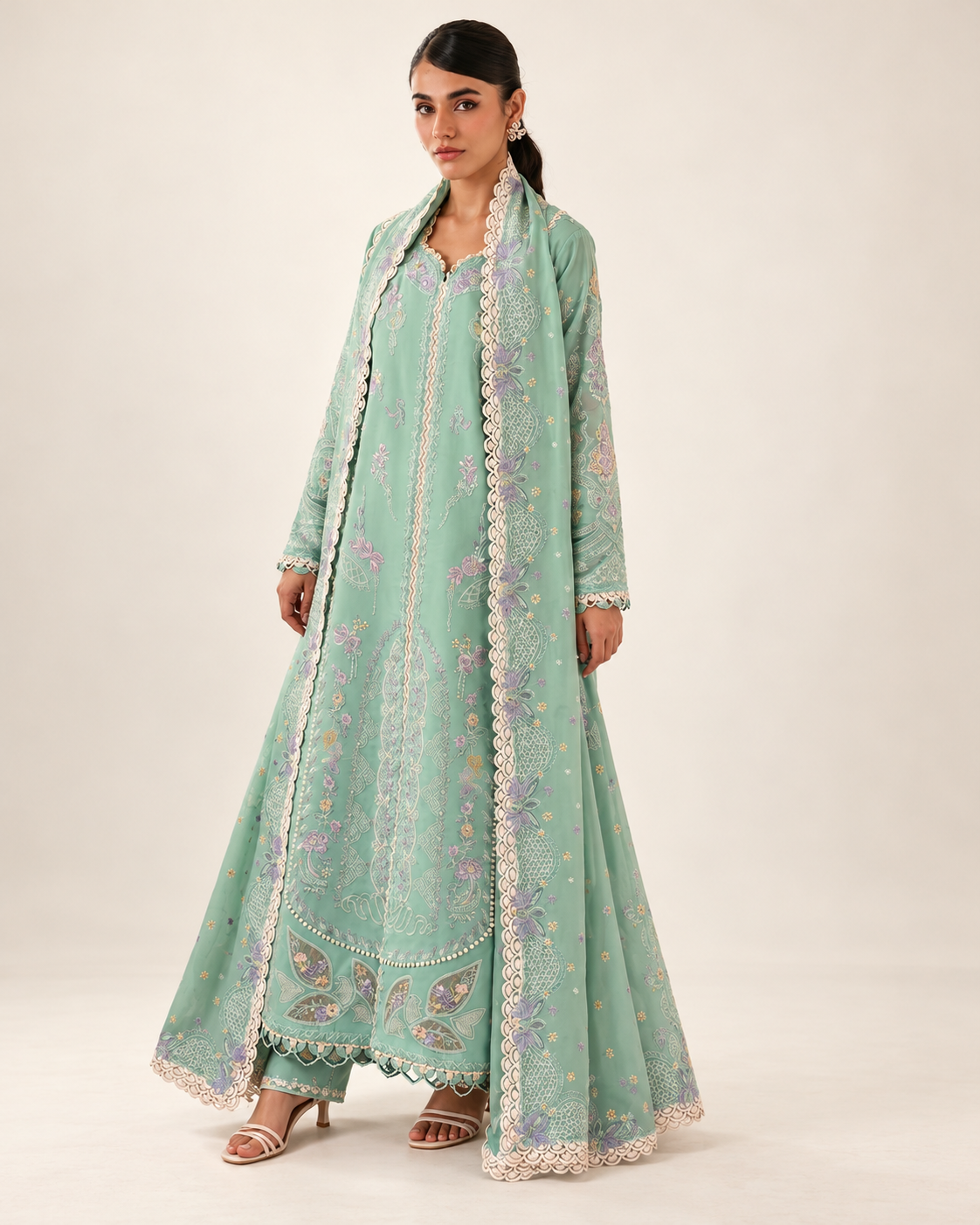 Mint Green Embroidered Dhanak 3-Piece Suit with Shawl - AL-836