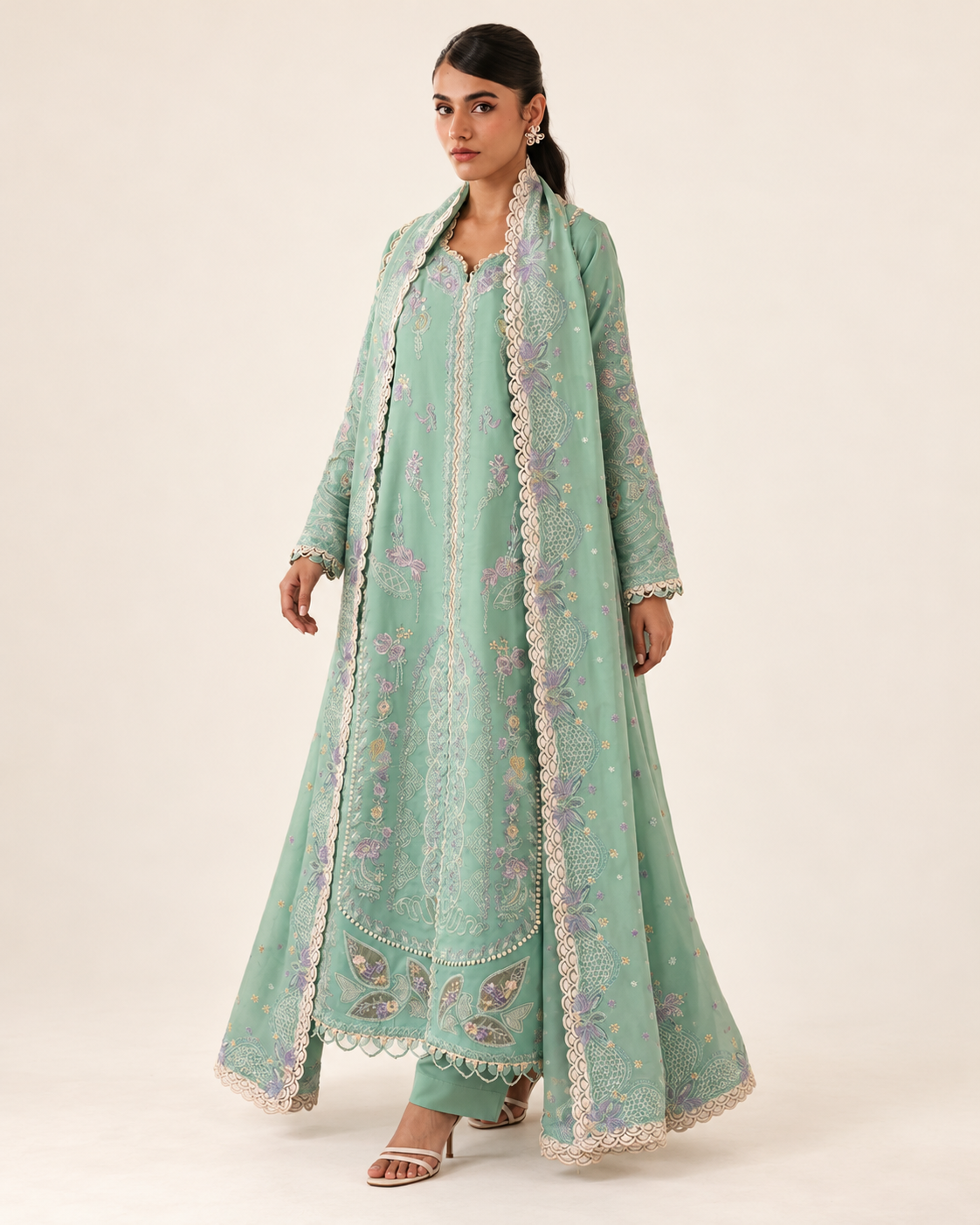 Mint Green Embroidered Dhanak 3-Piece Suit with Shawl - AL-836