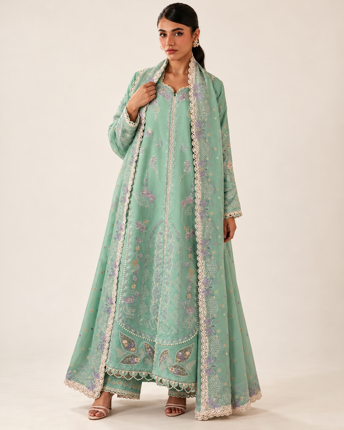 Mint Green Embroidered Dhanak 3-Piece Suit with Shawl - AL-836