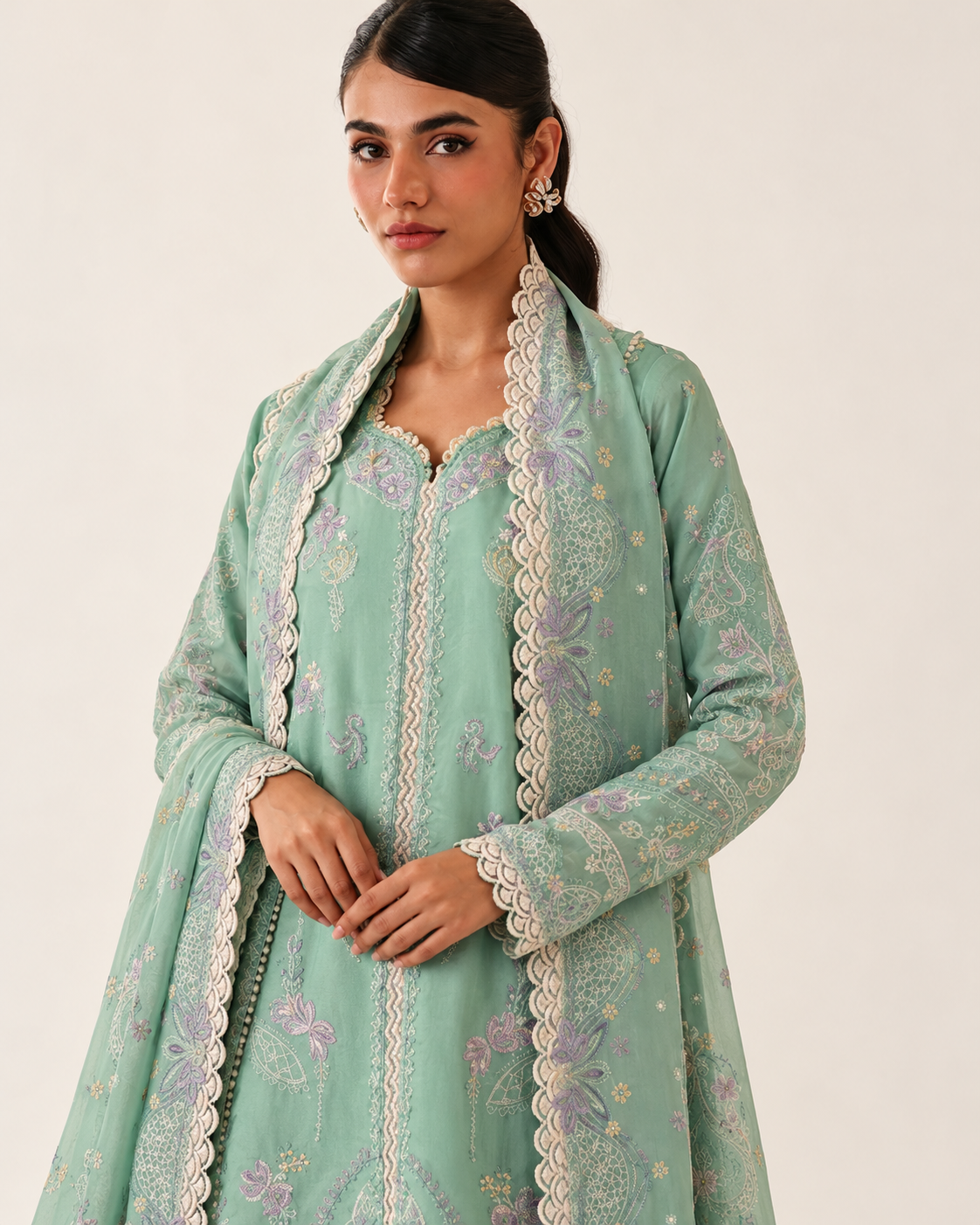 Mint Green Embroidered Dhanak 3-Piece Suit with Shawl - AL-836
