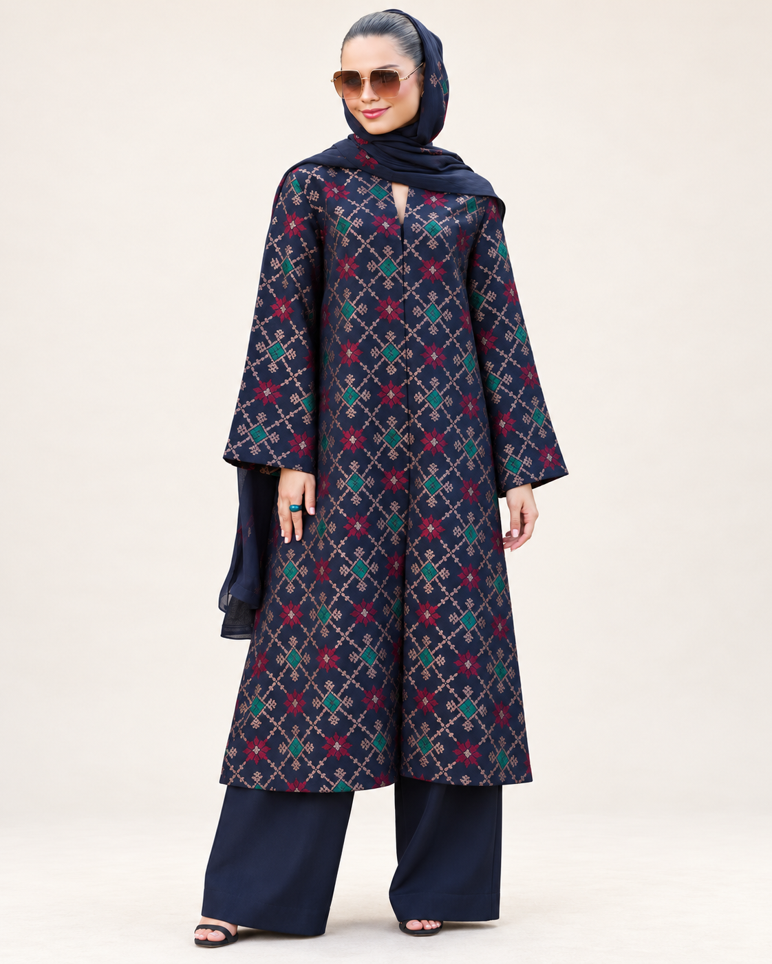 Navy Geometric Embroidered Dhanak 3-Piece Suit with Shawl